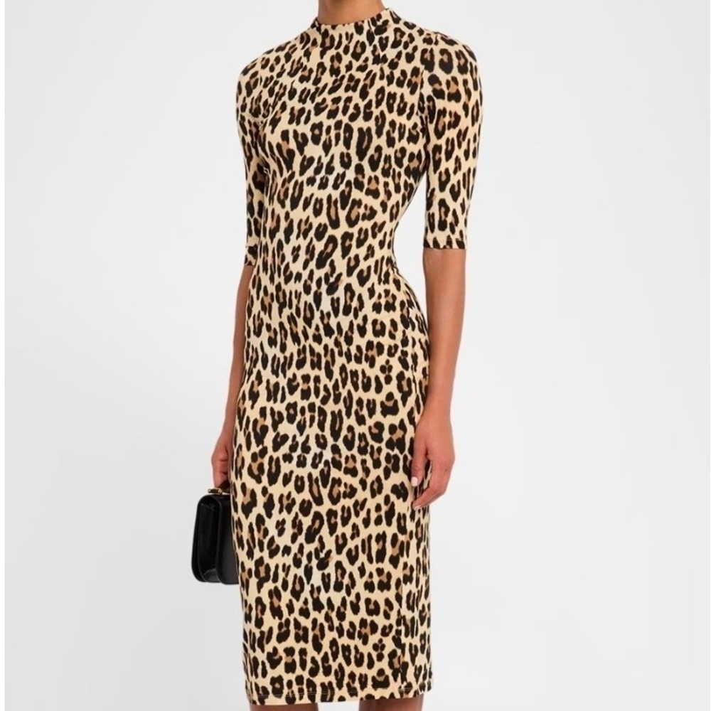 Alice + Olivia Delora Leopard Print Mockneck Midi Dress Womens 4 Bodycon Stretch
